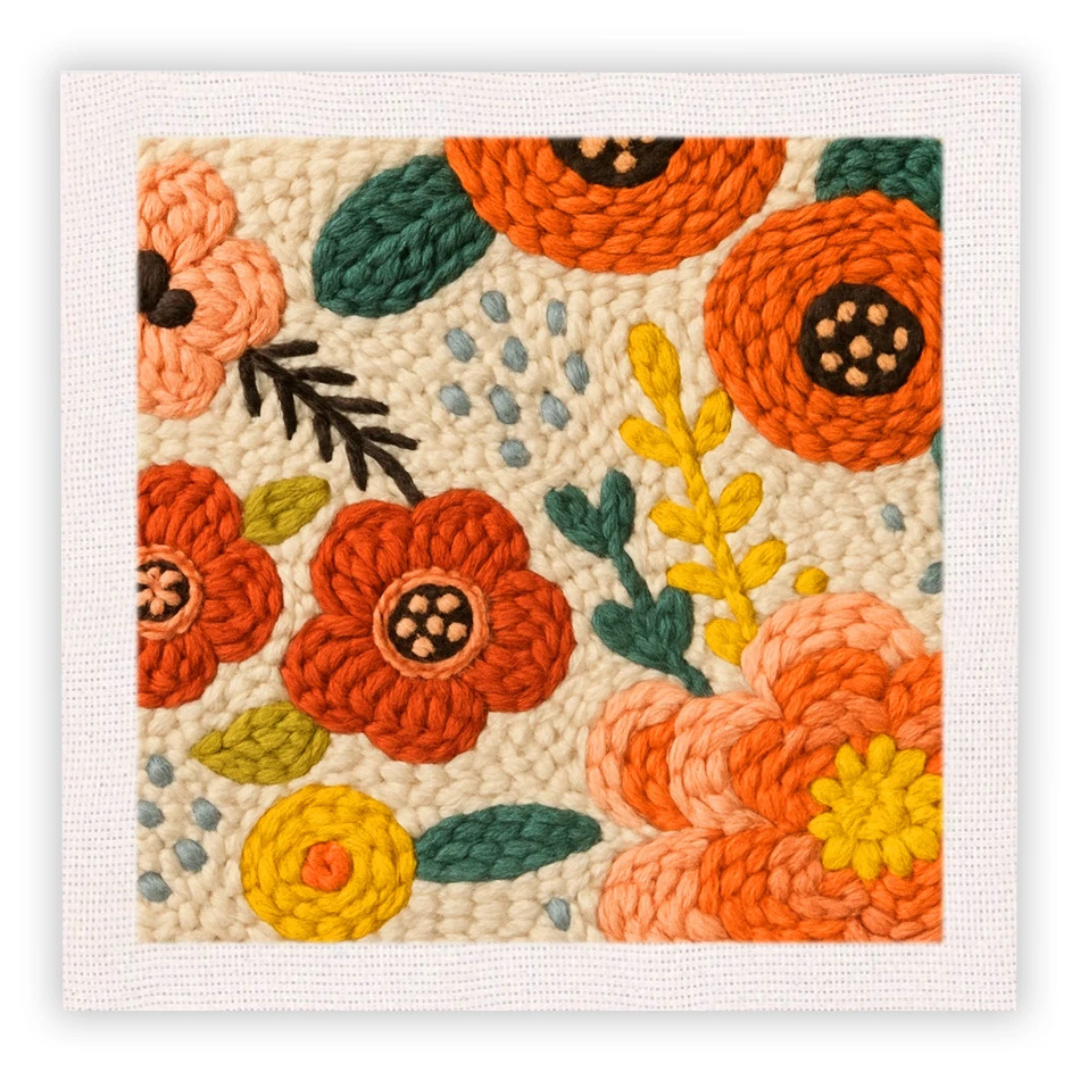 Floral patterned fabric with orange, yellow, and green flowers on a beige background