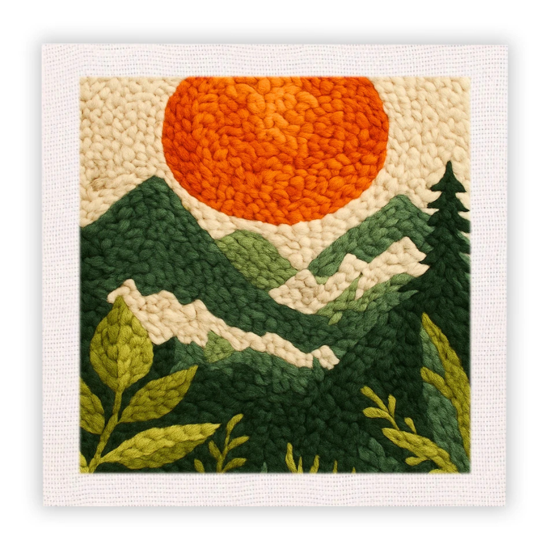 Textured artwork of mountains, trees, and a sun on a white background