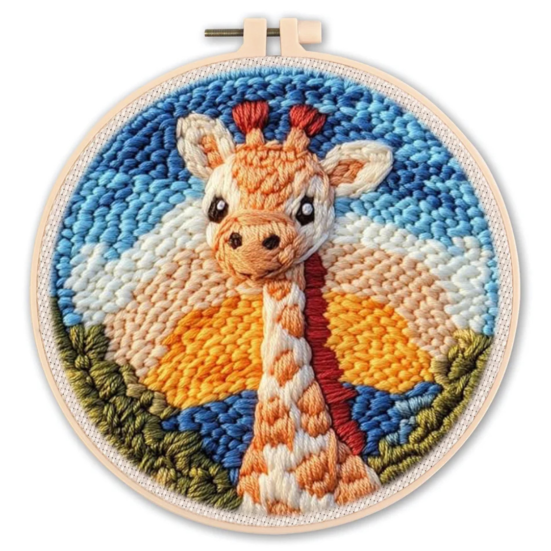 Embroidery hoop with a colorful giraffe design on a white background