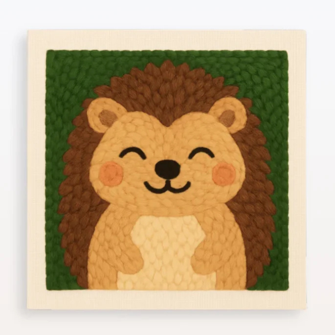 Wool wall art of a hedgehog with a green background
