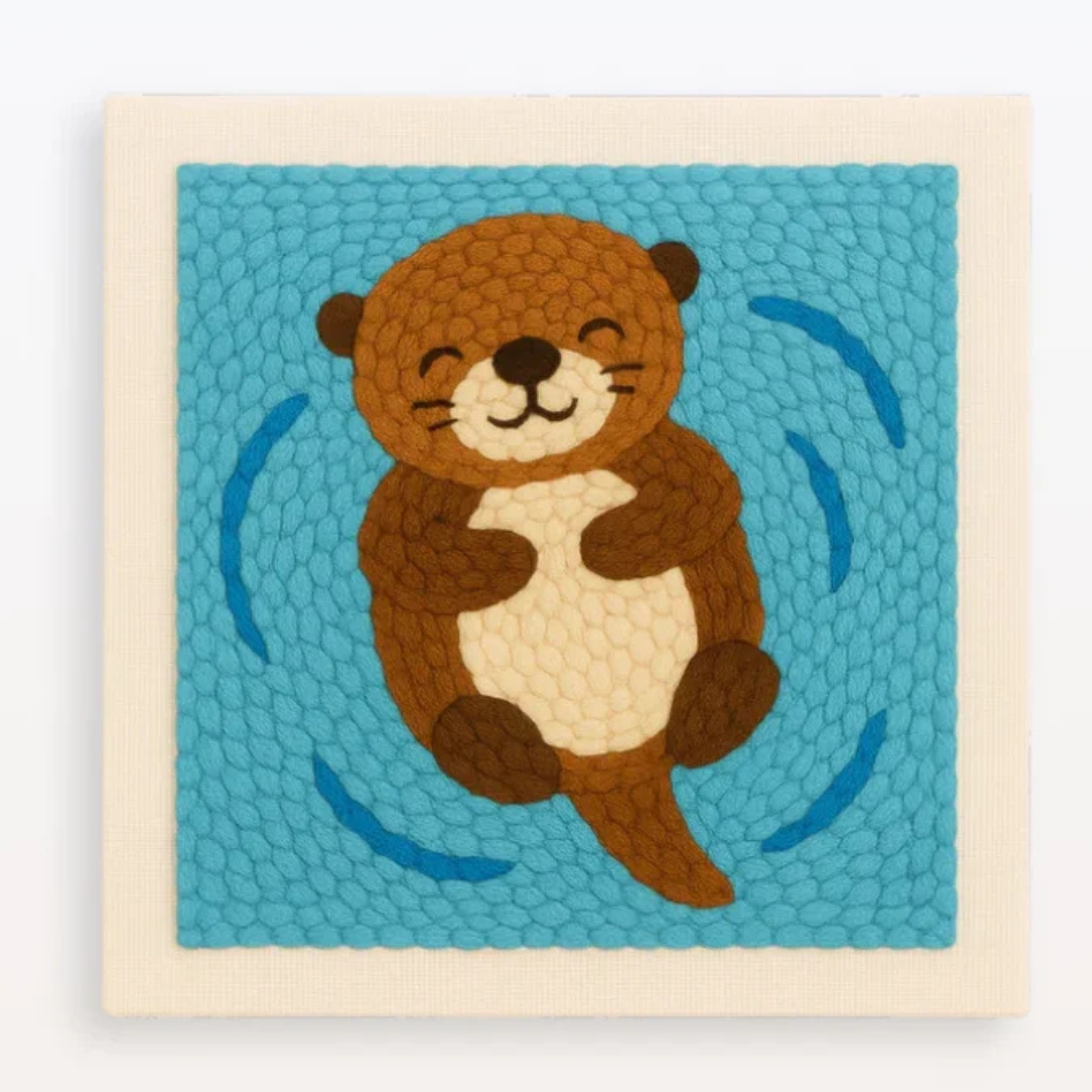 Textile art piece with an otter design on a blue background