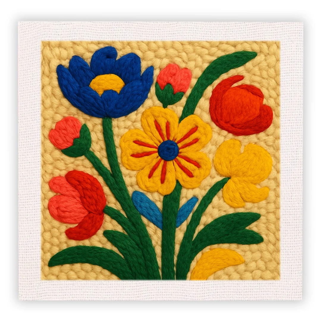 Colorful floral embroidery on a textured beige background