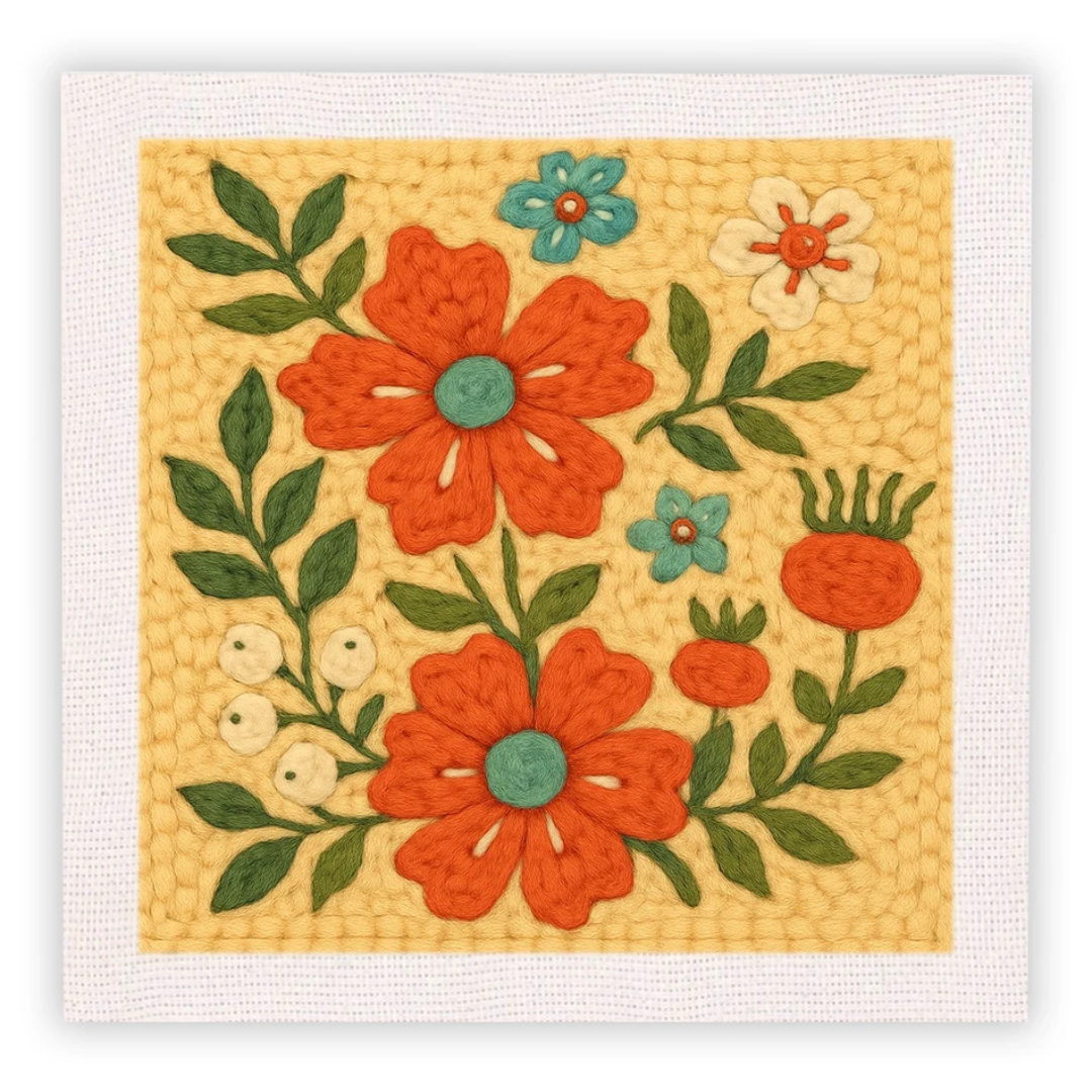 Floral pattern with orange flowers on a textured beige background
