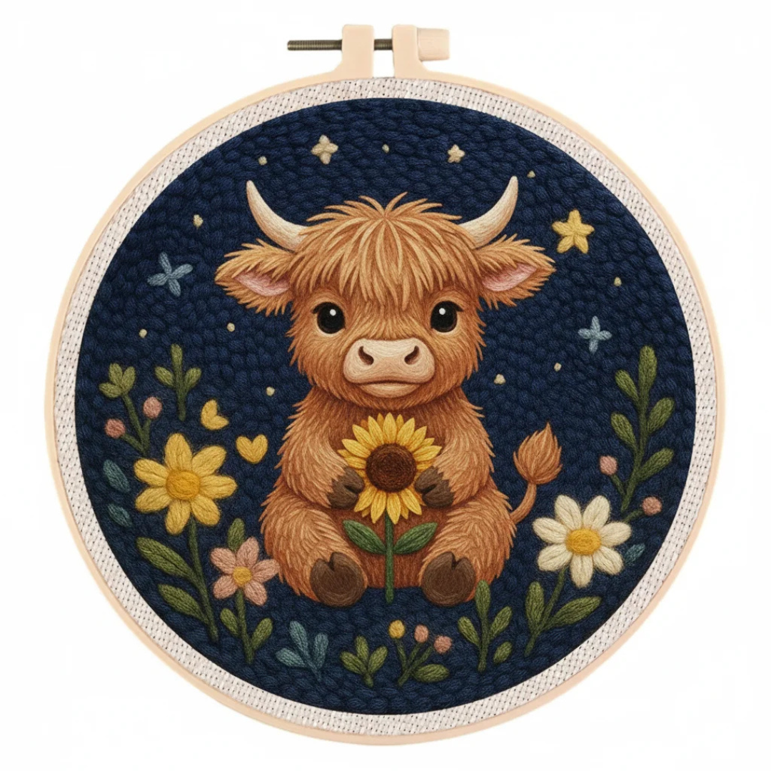 Embroidery hoop with a highland cow holding a sunflower on a dark blue background.