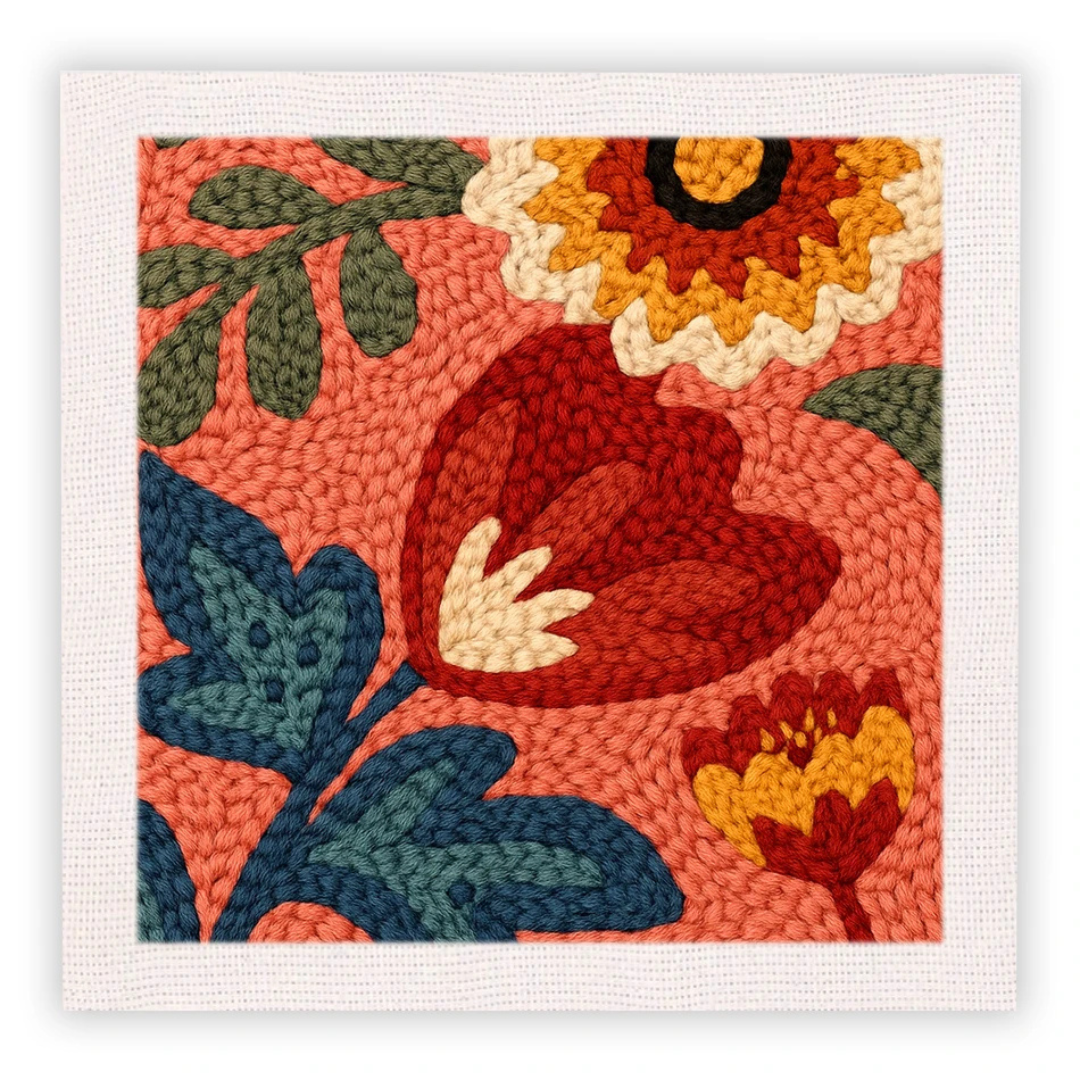 Decorative wall art with floral pattern in red, orange, and green on a white background