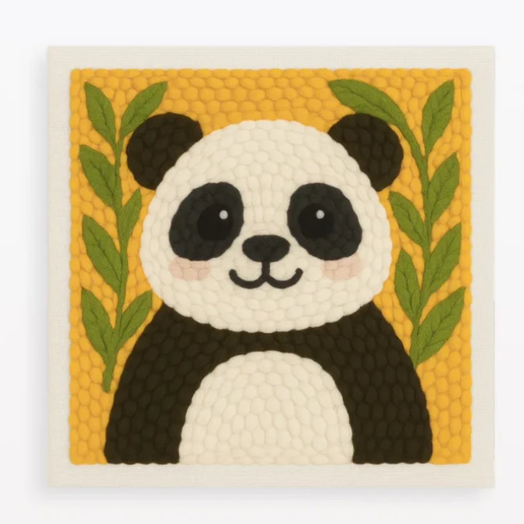 Panda illustration on a yellow background with green leaves