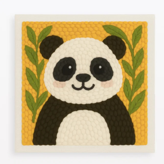 Panda illustration on a yellow background with green leaves