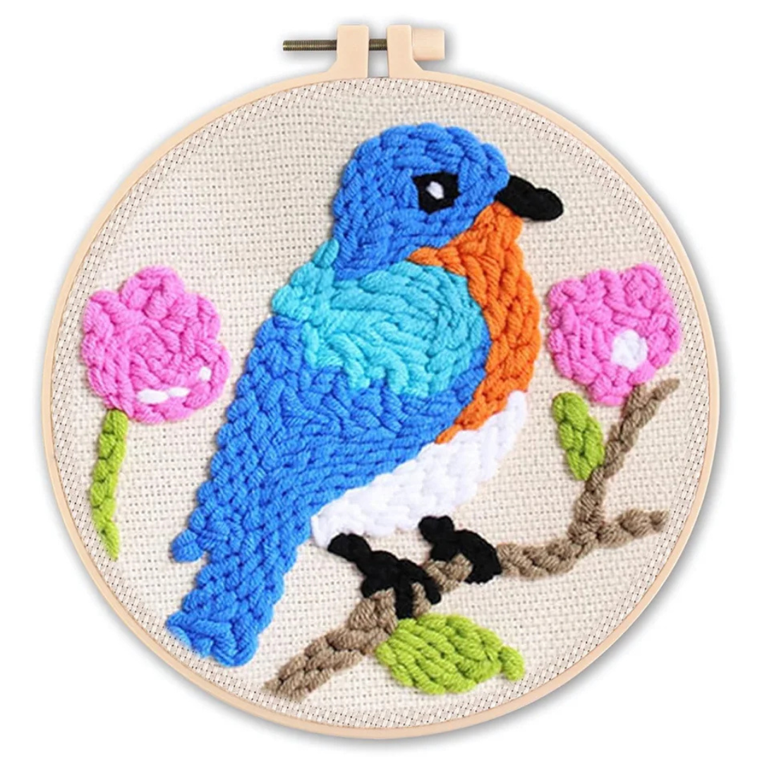 Embroidery hoop with a colorful bird and floral design on a white background