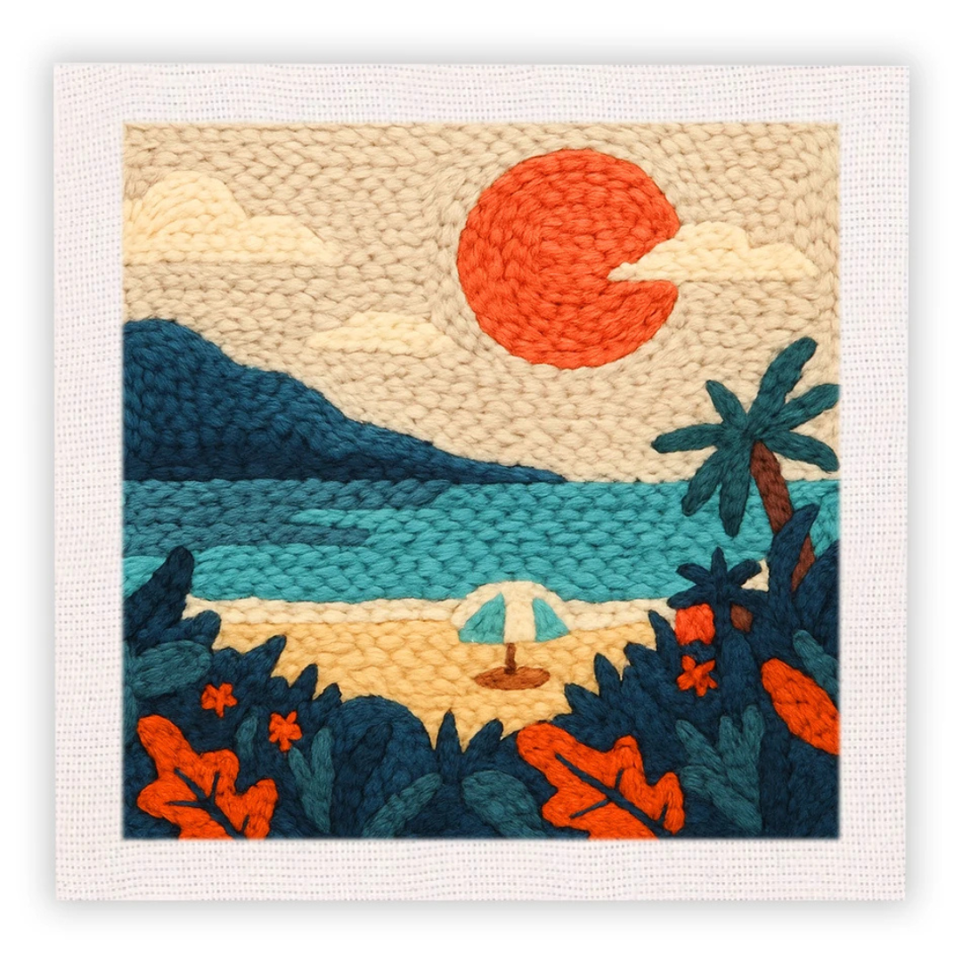Textile art piece depicting a tropical scene with a sun, palm trees, and a sailboat.