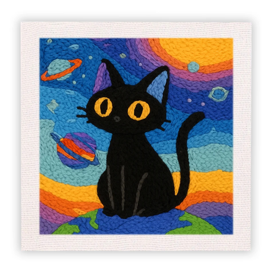Colorful artwork of a black cat with a space-themed background