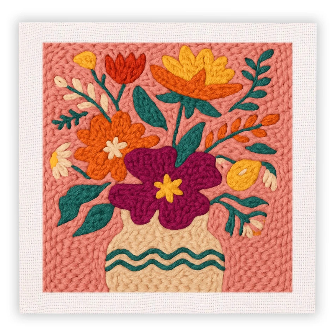 Embroidered floral design with a vase on a pink background