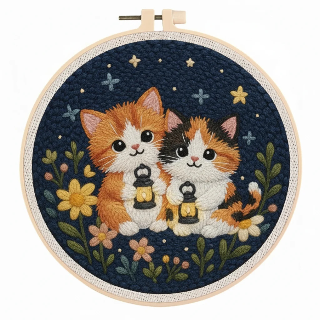Embroidery hoop with two cats holding lanterns on a dark blue background