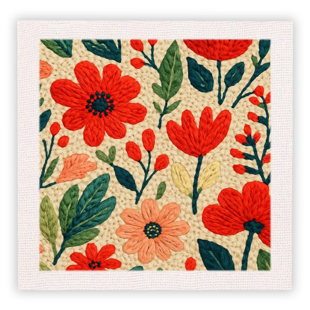 Floral pattern with red, orange, and green flowers on a beige background