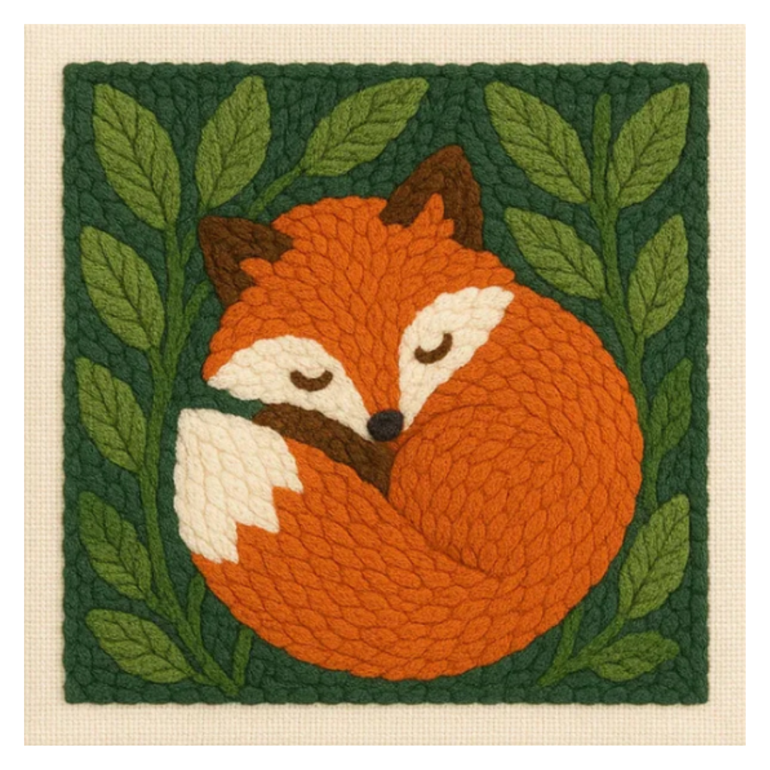 Textured patch of a fox surrounded by green leaves on a beige background