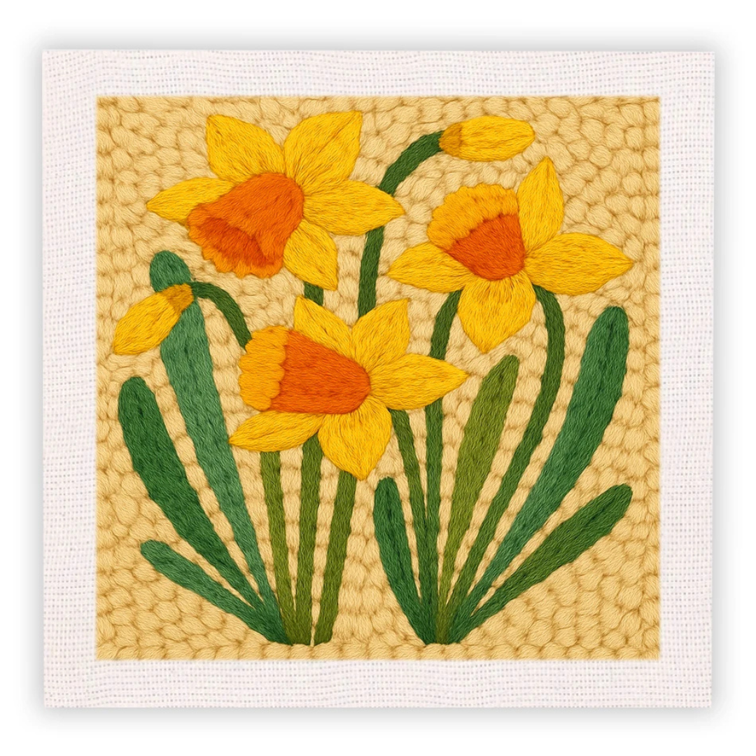 Embroidered artwork of yellow daffodils on a textured beige background