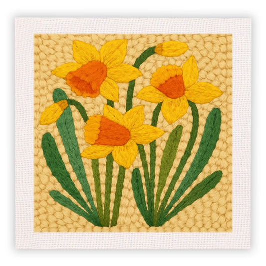 Embroidered artwork of yellow daffodils on a textured beige background