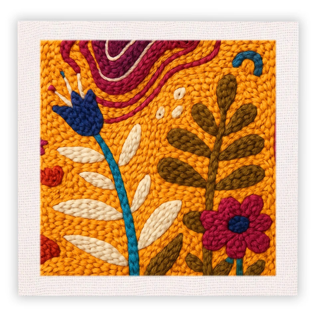 Colorful floral embroidery on a white background