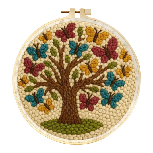 Embroidery hoop with a colorful tree design on a white background