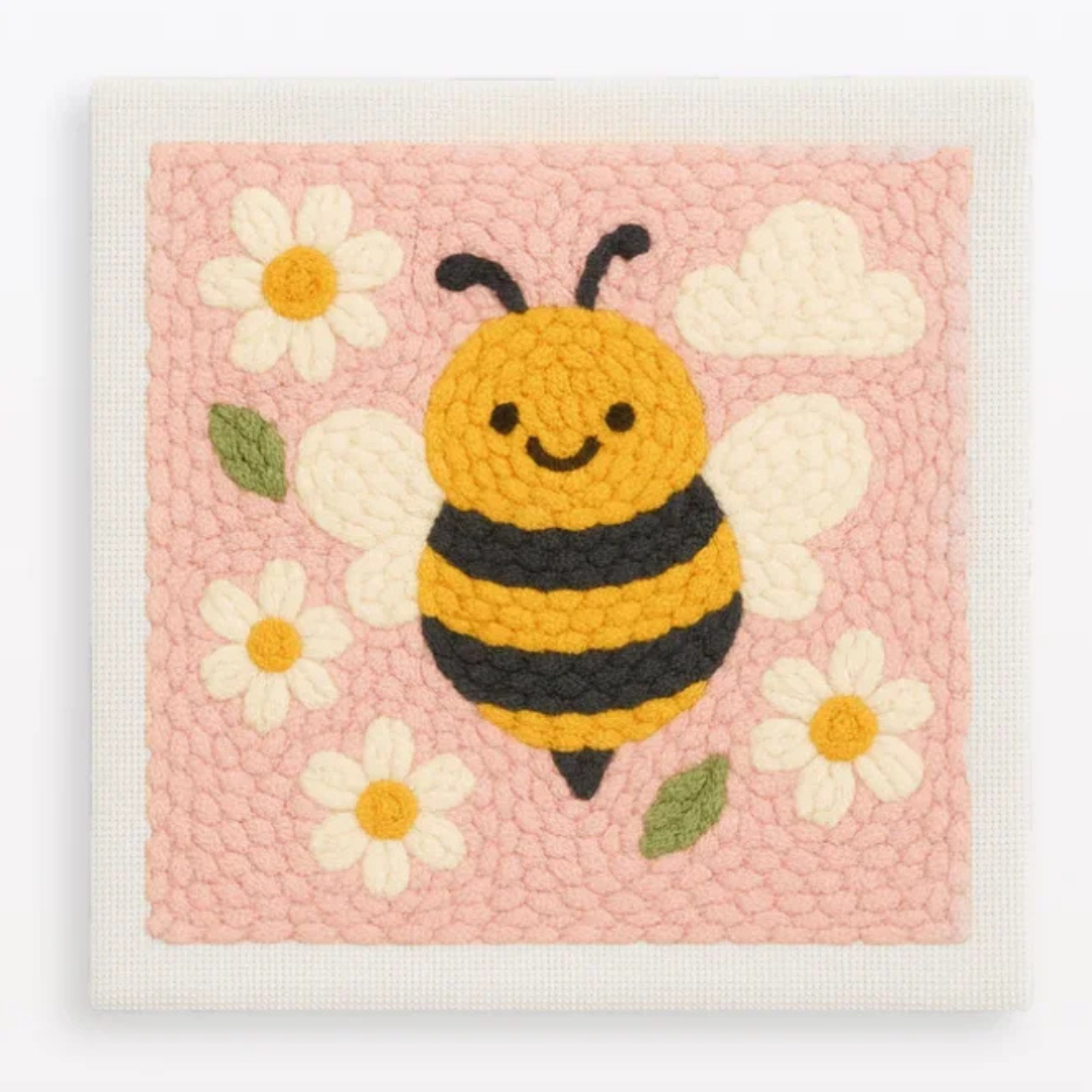 Woven wall art with a bee and flowers on a pink background
