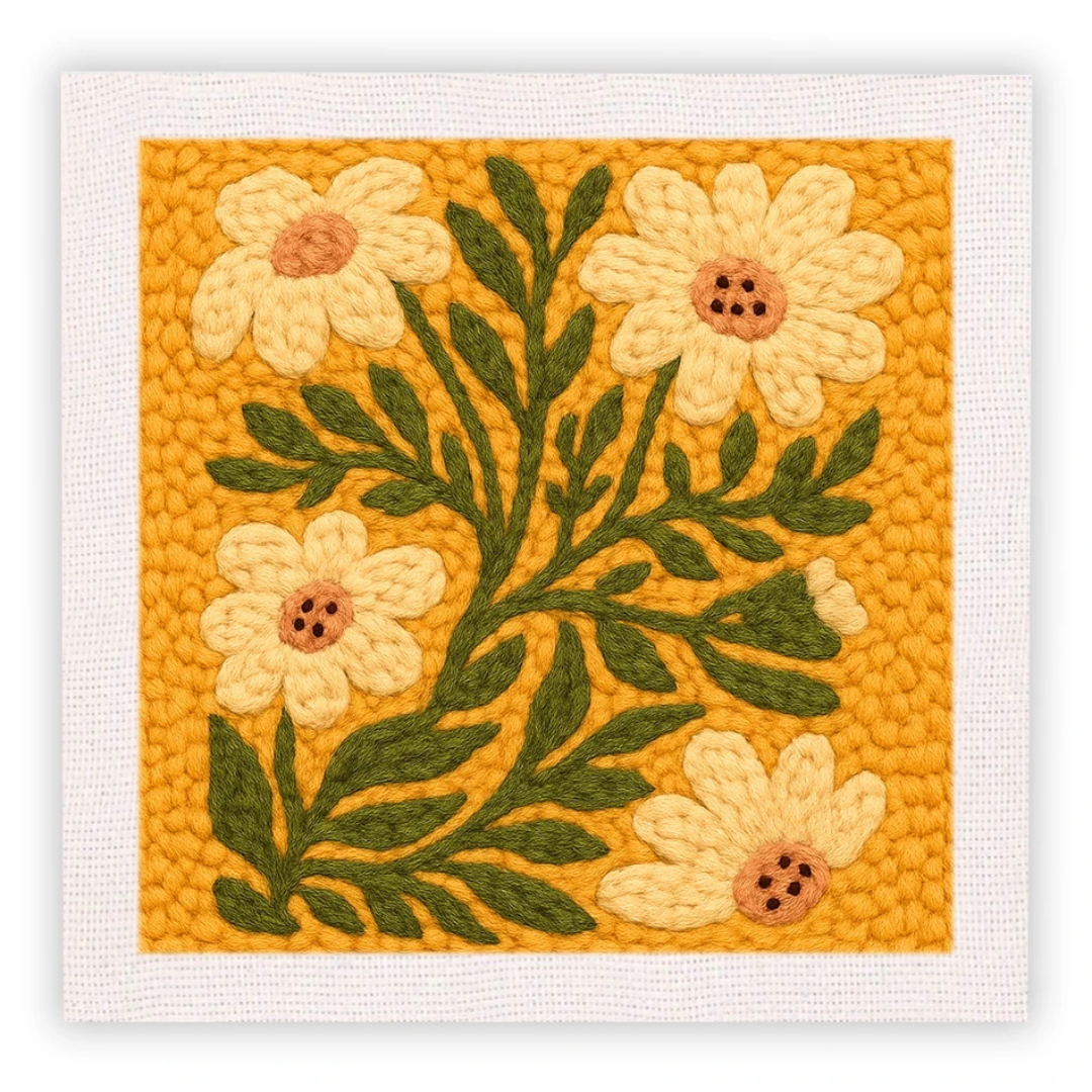 Embroidered floral design on a yellow fabric background