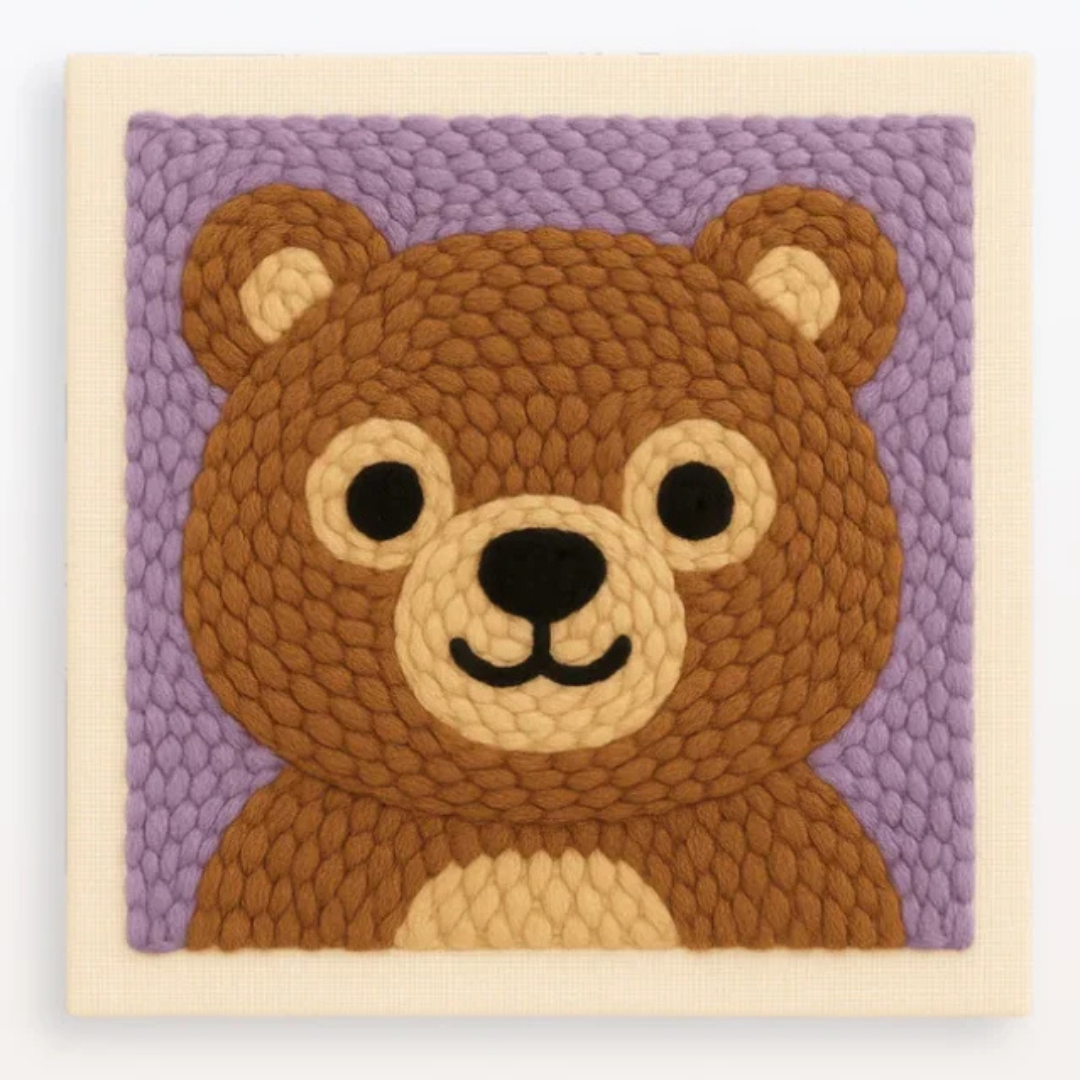 Woven teddy bear on a purple background