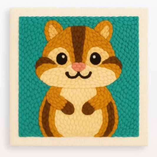 Textile art of a cartoon squirrel on a teal background