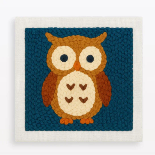 Woven owl design on a blue background with a white border