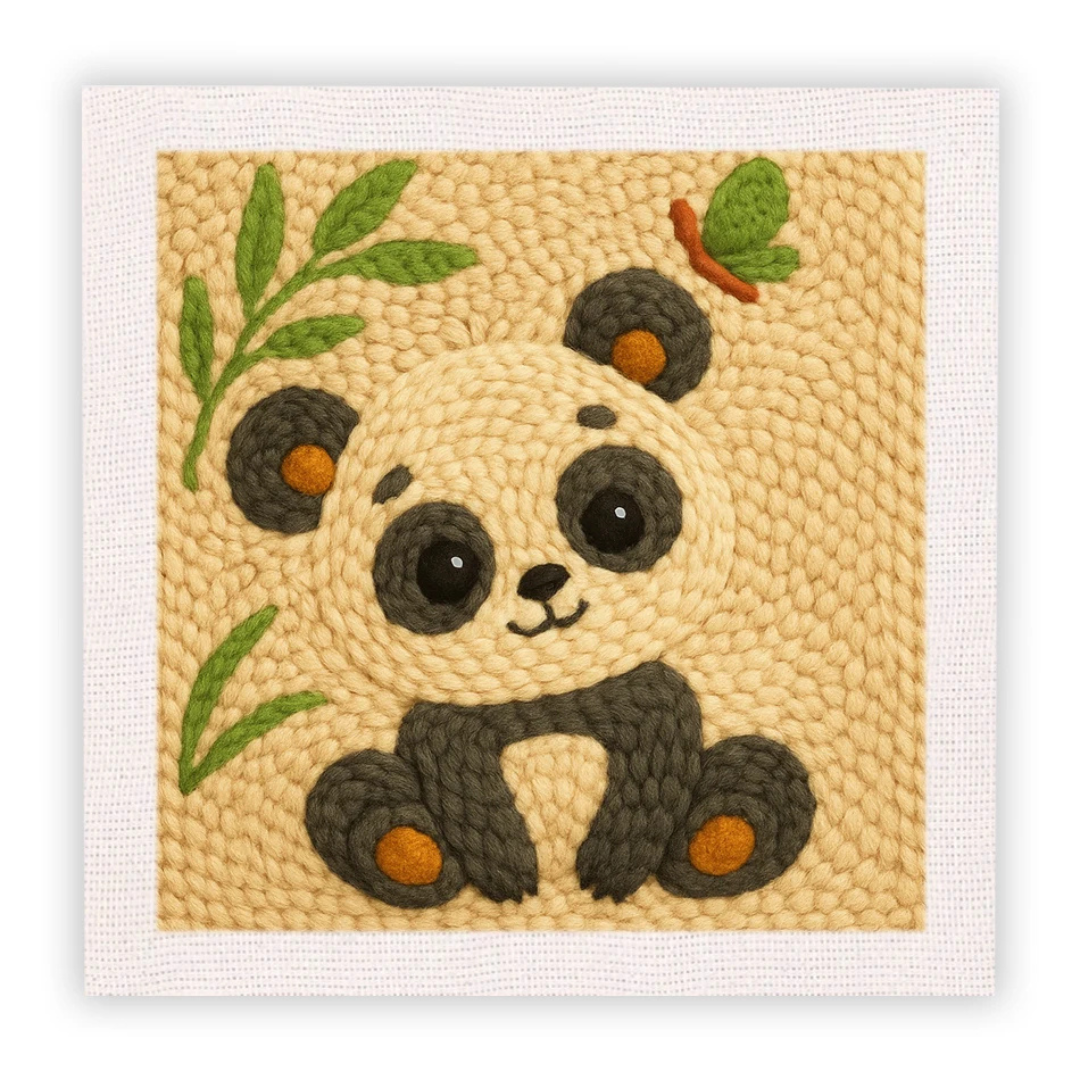 Panda bear design on a textured beige background with green leaves.