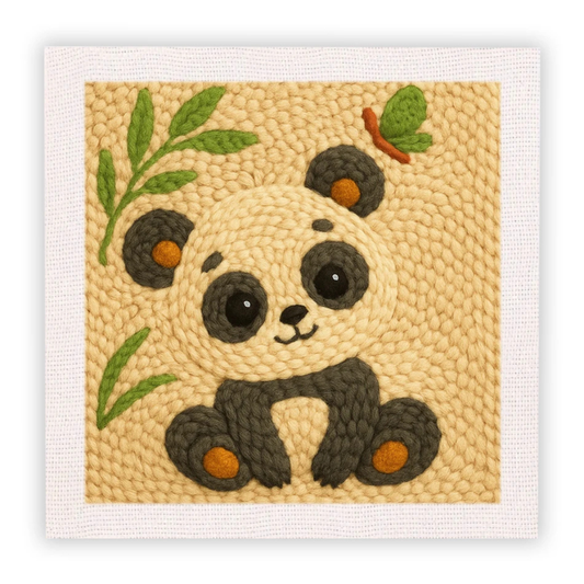 Panda bear design on a textured beige background with green leaves.