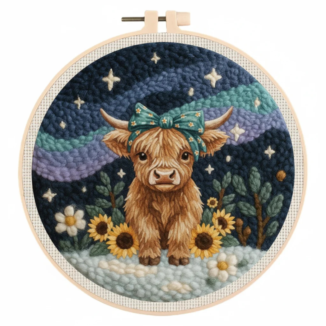 Embroidery hoop with a highland cow design against a starry night sky.