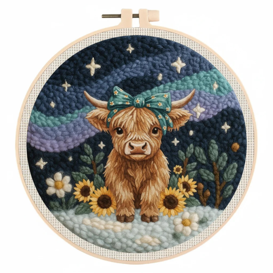 Embroidery hoop with a highland cow design against a starry night sky.