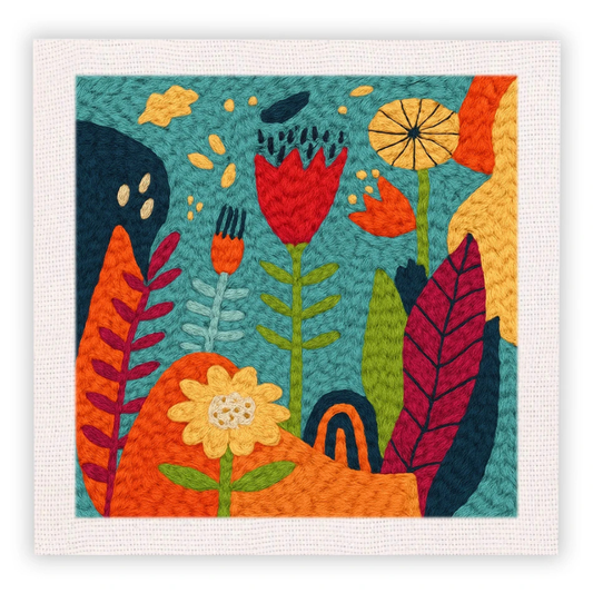 Colorful floral and abstract design on a textured surface