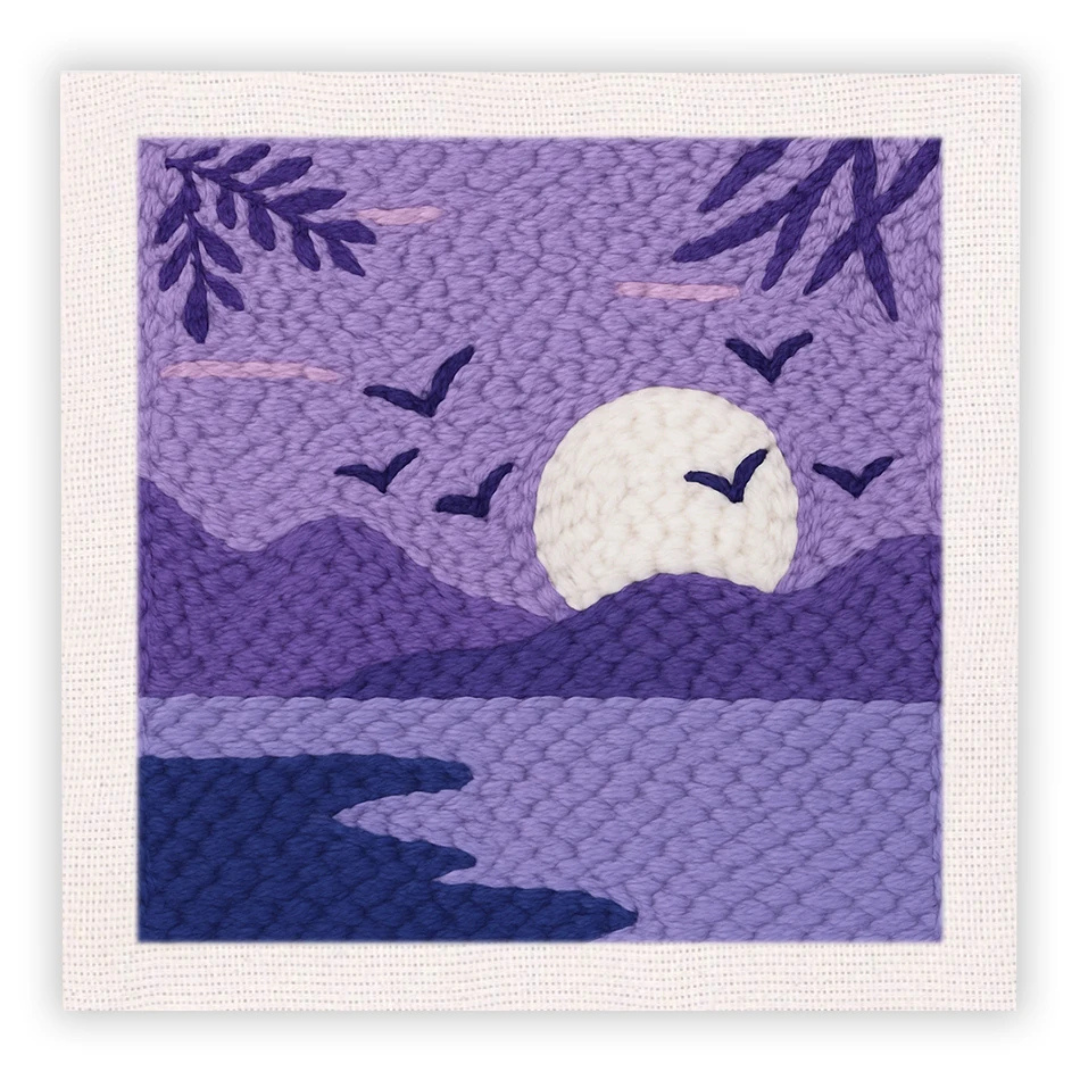 Textile art piece with a purple landscape, moon, and birds.