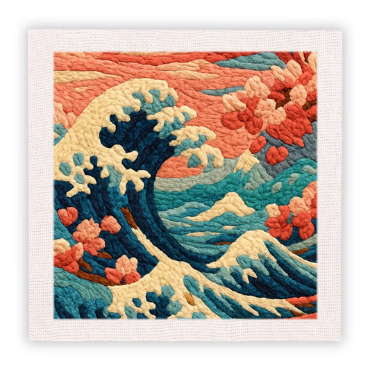 Framed artwork of a stylized wave with floral elements on a white background