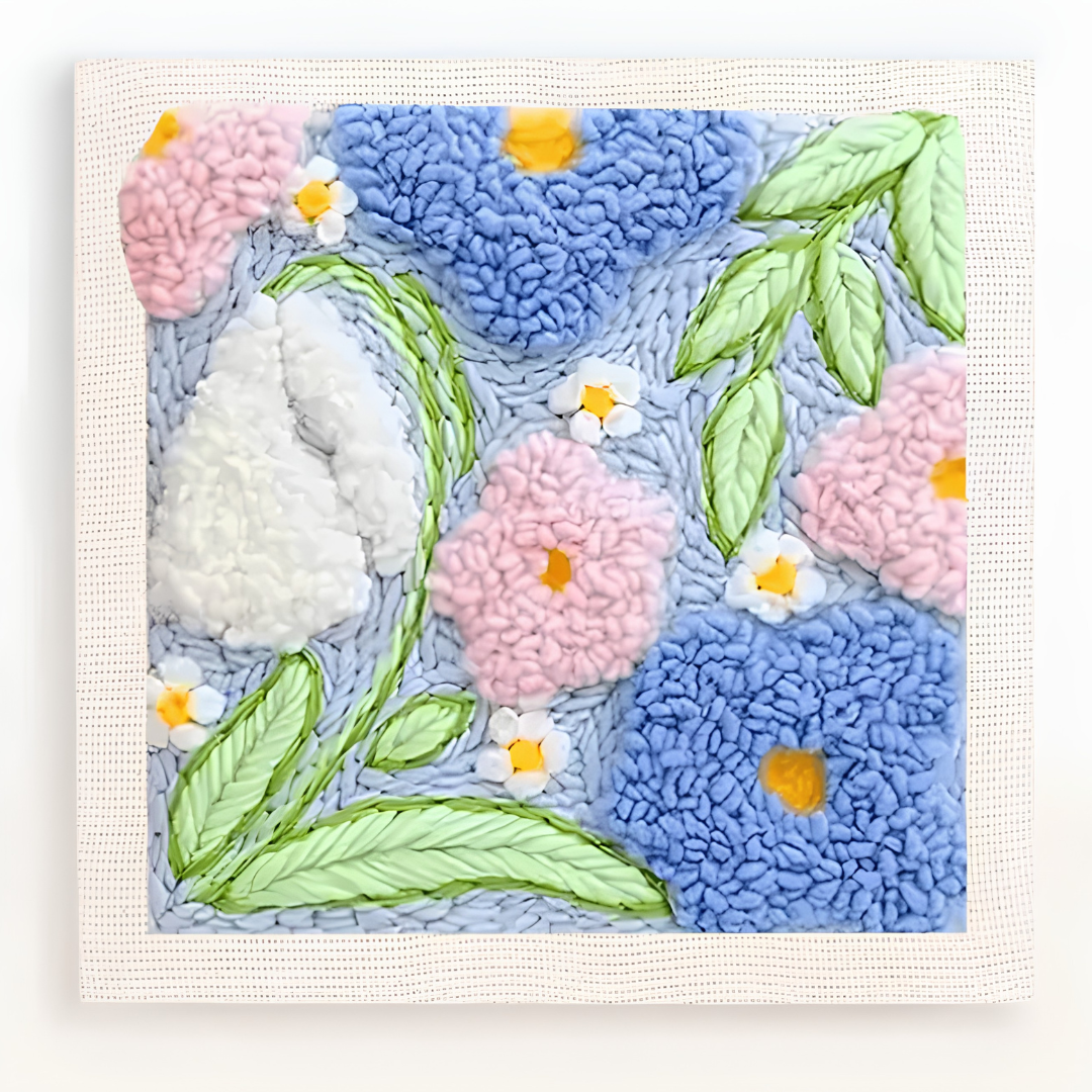 Textured artwork with flowers and leaves on a white background
