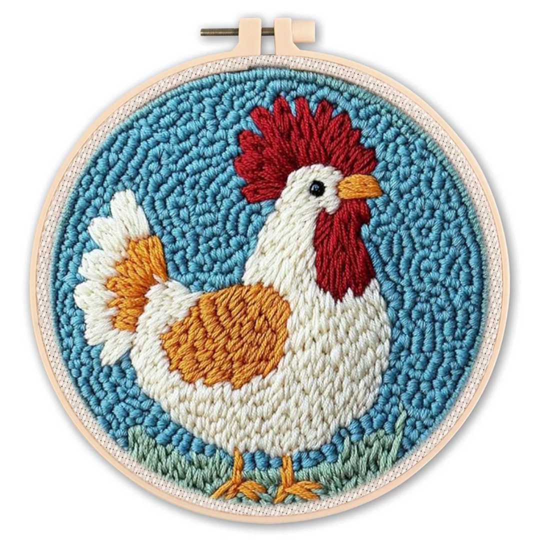 Embroidery hoop with a colorful rooster design on a blue background