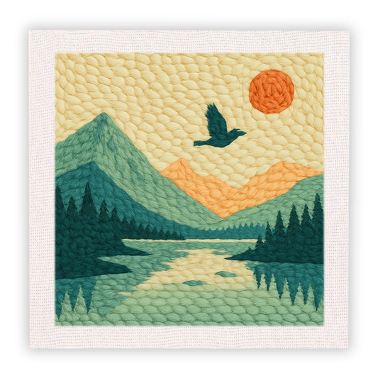 Embroidered landscape with mountains, trees, and a bird flying over a lake.