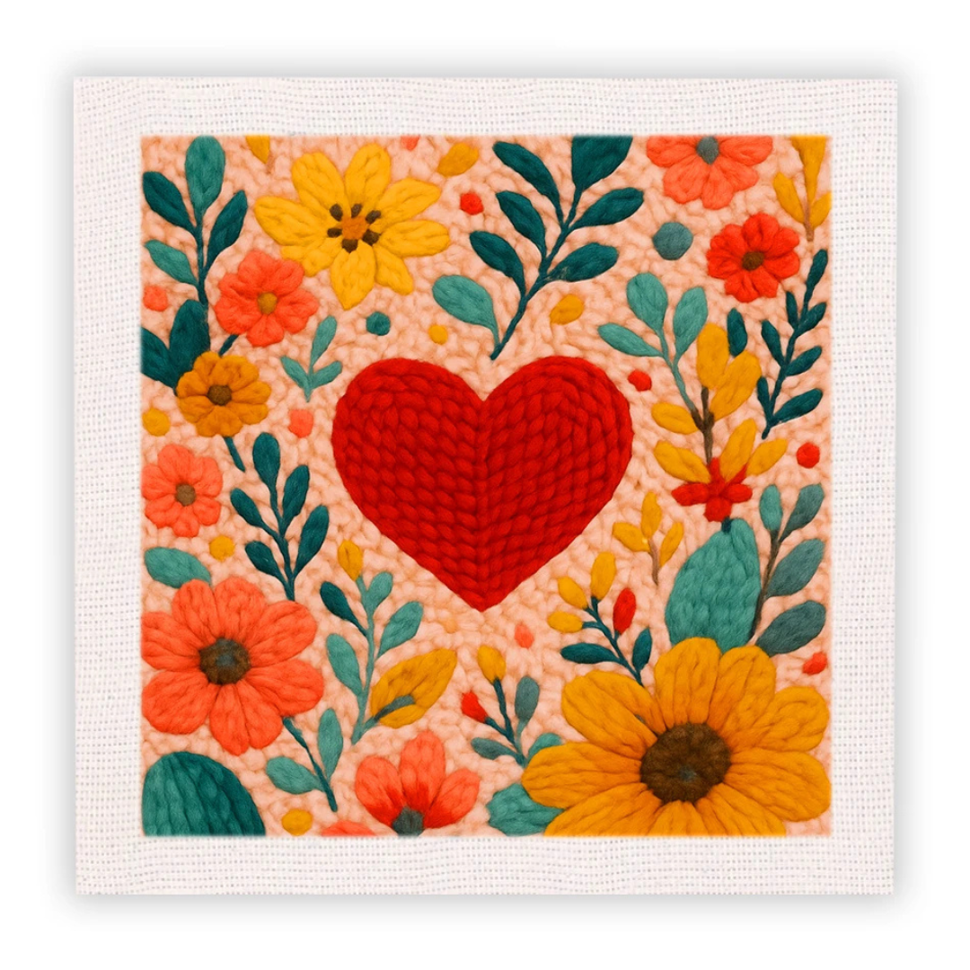 Embroidered patch with a red heart surrounded by colorful flowers and leaves on a peach background.