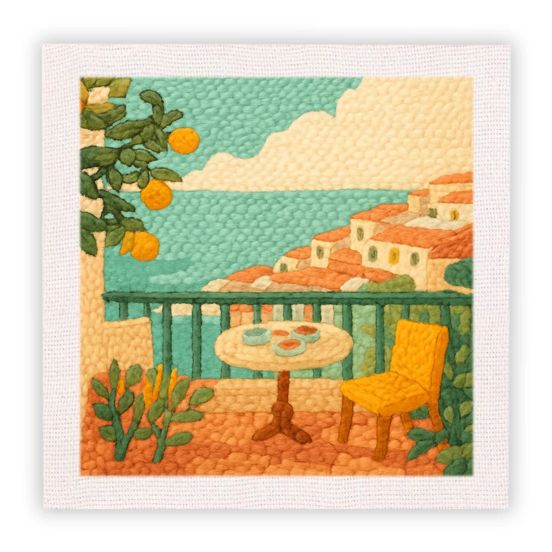 Decorative needlepoint of a Mediterranean scene with a table, chair, and orange trees.