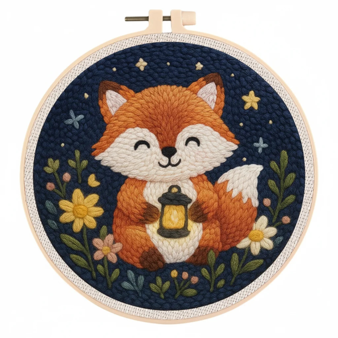 Embroidery hoop with a fox holding a lantern and flowers on a dark blue background