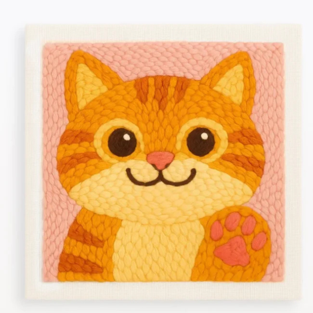Quilted patch of a cartoon cat with orange stripes on a pink background