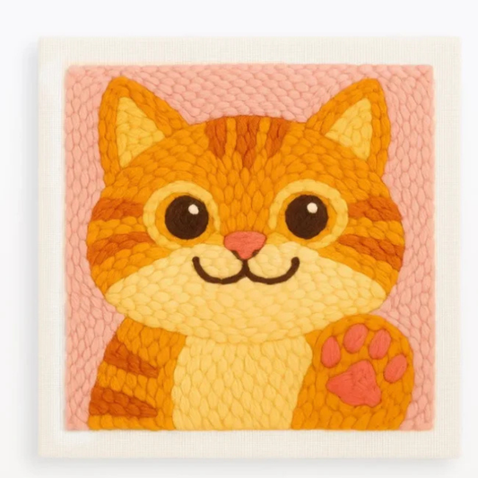 Quilted patch of a cartoon cat with orange stripes on a pink background