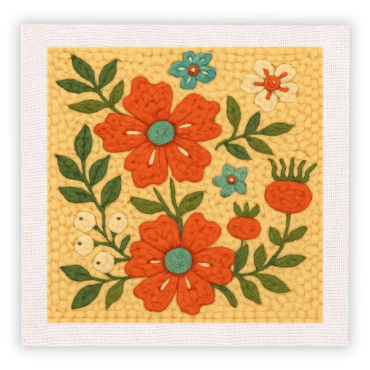 Floral pattern with orange flowers on a textured beige background