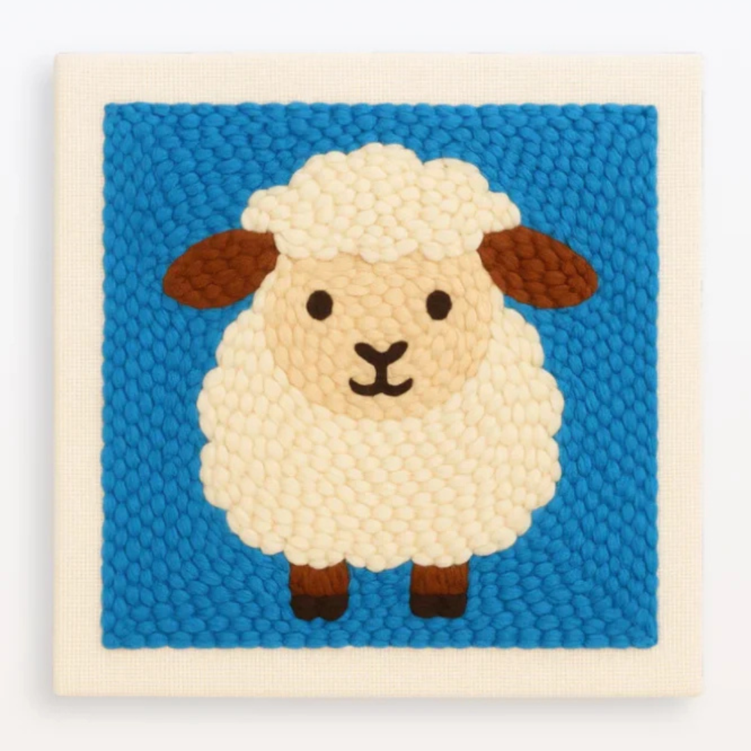 Woven sheep design on a blue background