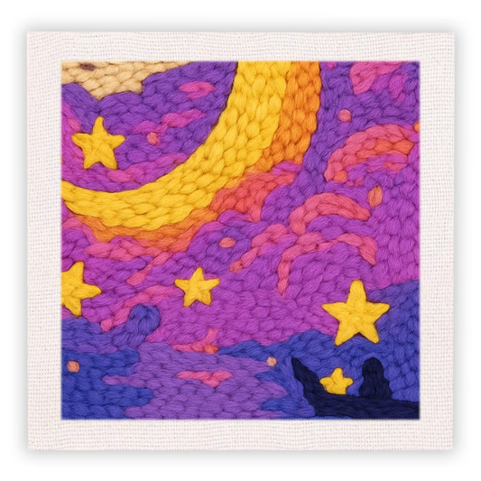 Colorful woven artwork with stars and a crescent moon on a white background