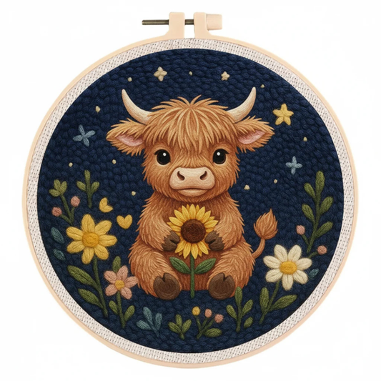 Embroidery hoop with a highland cow holding a sunflower on a dark blue background.