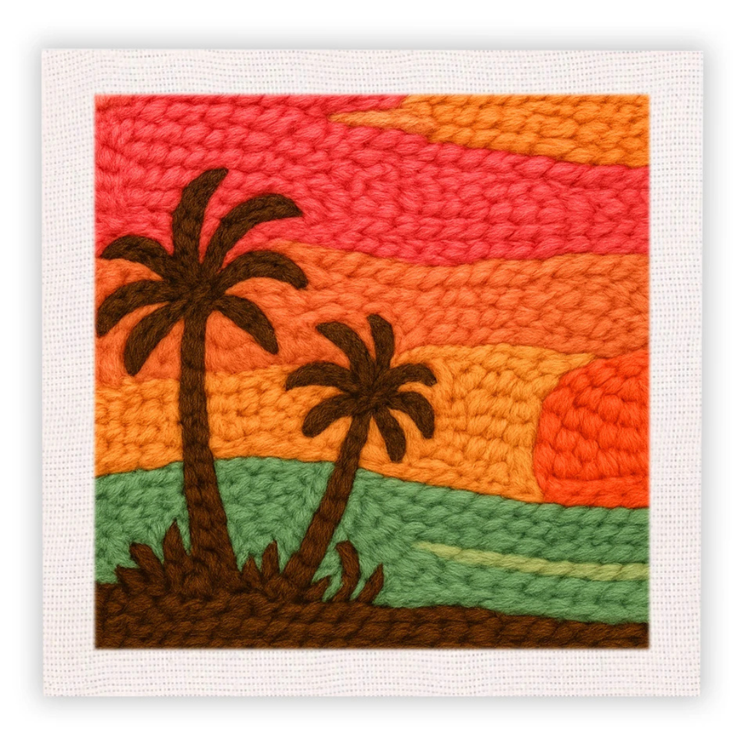 Embroidered artwork of a sunset with palm trees on a white background
