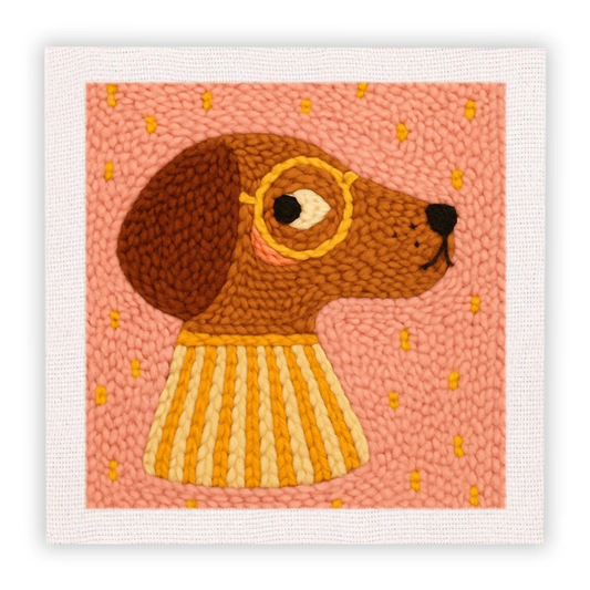 Textile art of a dog wearing goggles and a striped sweater on a pink background