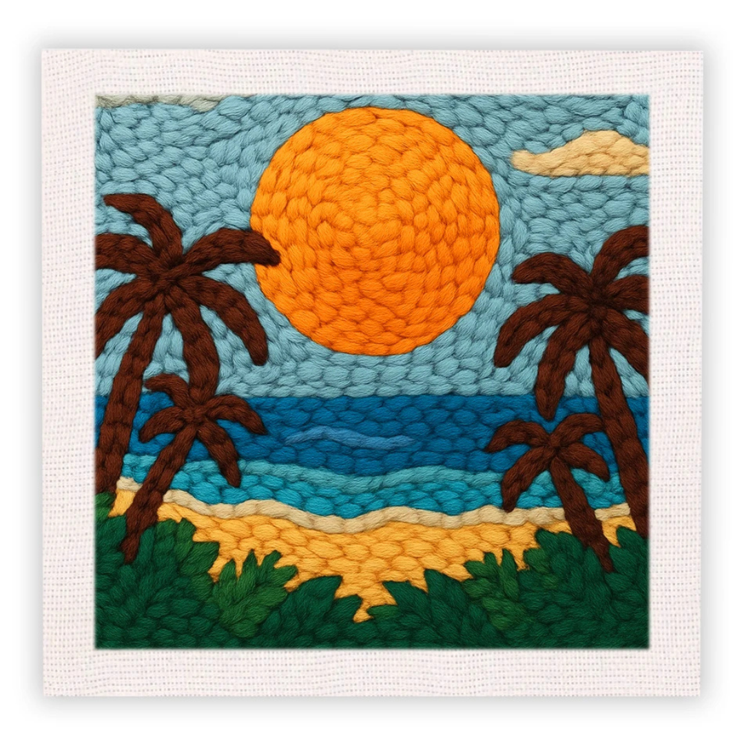 Textile art piece with a tropical scene featuring palm trees, a sun, and ocean.
