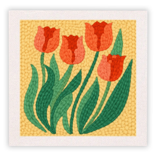Embroidered design of red tulips on a yellow background